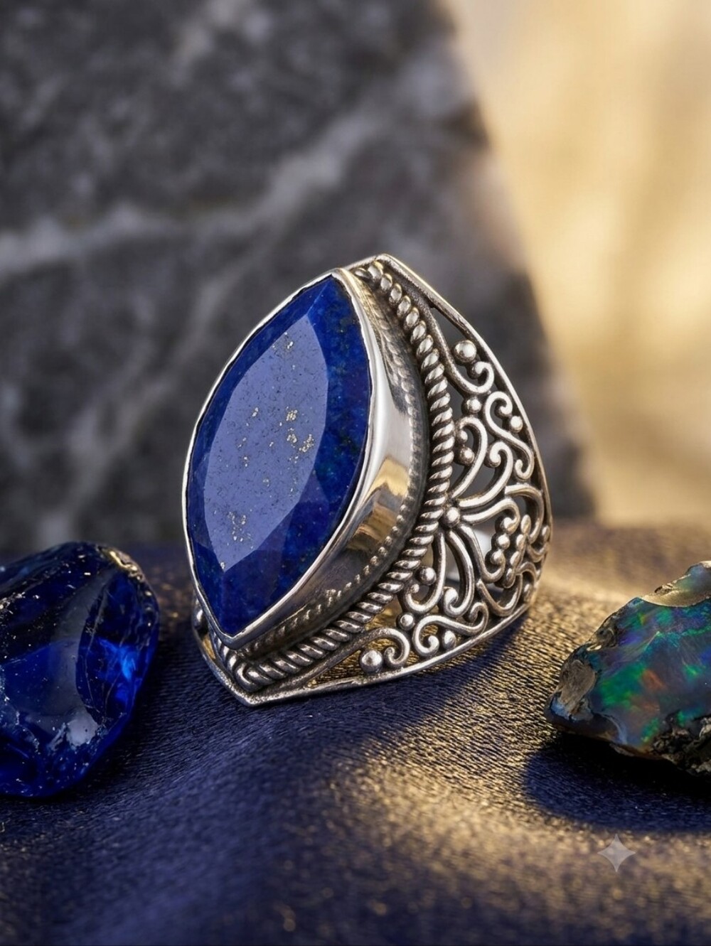 Lapis Lazuli Sterling Silver Ring Faceted Marquise Cut